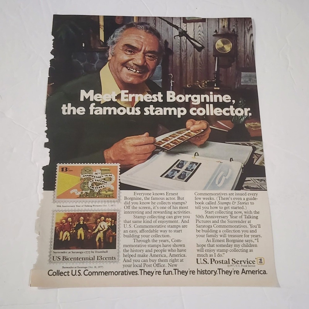 Vintage Print Ad Ernest Borgnine USPS stamp collector 1977 full page clipping